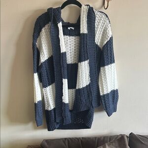 Chunky Navy & White Striped Open Front Men's Sweater Cardigan